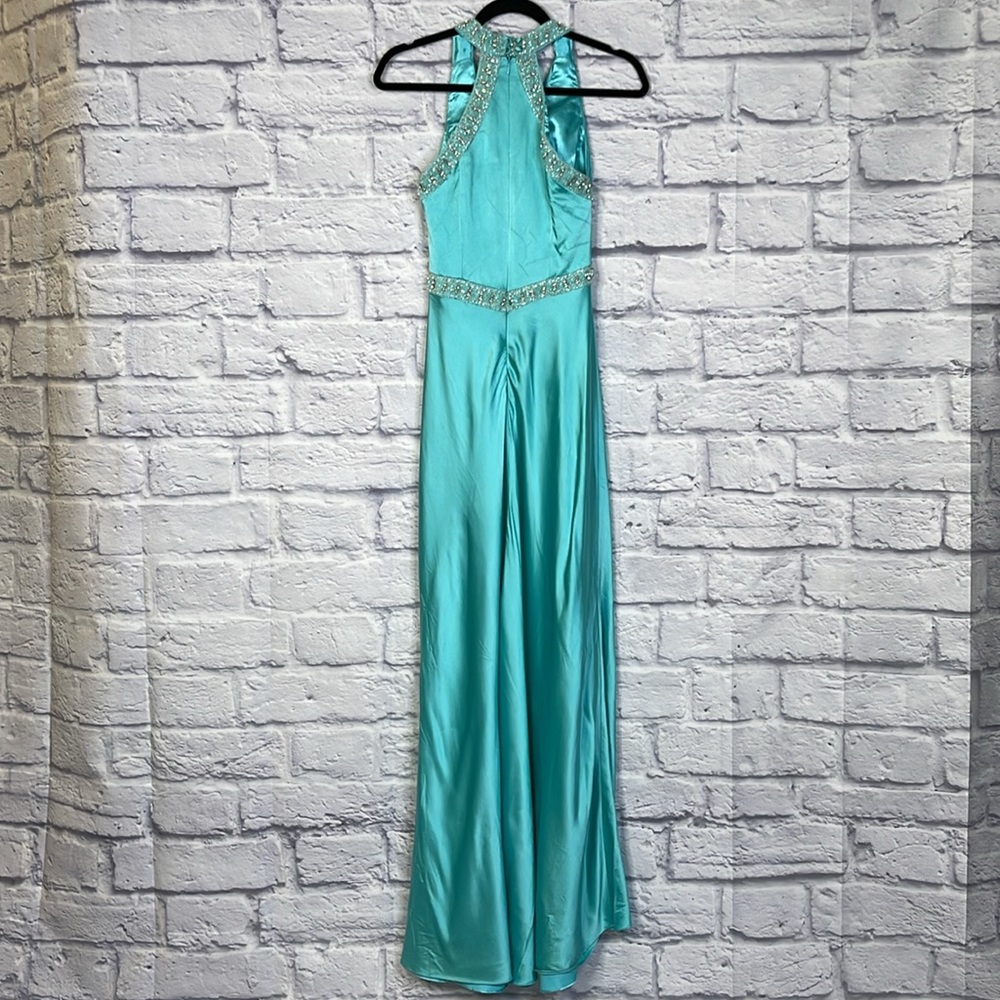 Badgley Mischka Aqua Sleeveless Y2K Stretch Prom Wedding Gown Formal Dress Sz 0 - Picture 7 of 15